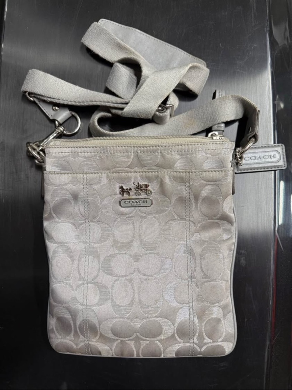 Coach Mia Silver Gray Signature Lurex Swingpack Crossbody